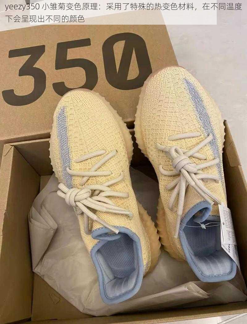 yeezy350 小雏菊变色原理：采用了特殊的热变色材料，在不同温度下会呈现出不同的颜色