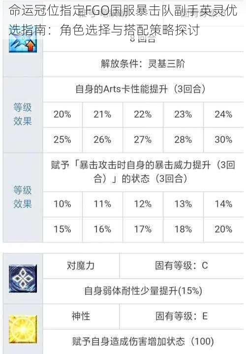 命运冠位指定FGO国服暴击队副手英灵优选指南：角色选择与搭配策略探讨