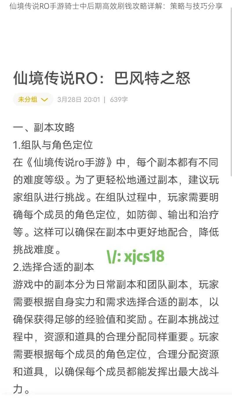 仙境传说RO手游骑士中后期高效刷钱攻略详解：策略与技巧分享